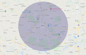 A map of Derby with a blue circle marking a 5-mile radius.