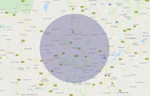 A map of Derby with a blue circle marking a 8-mile radius.