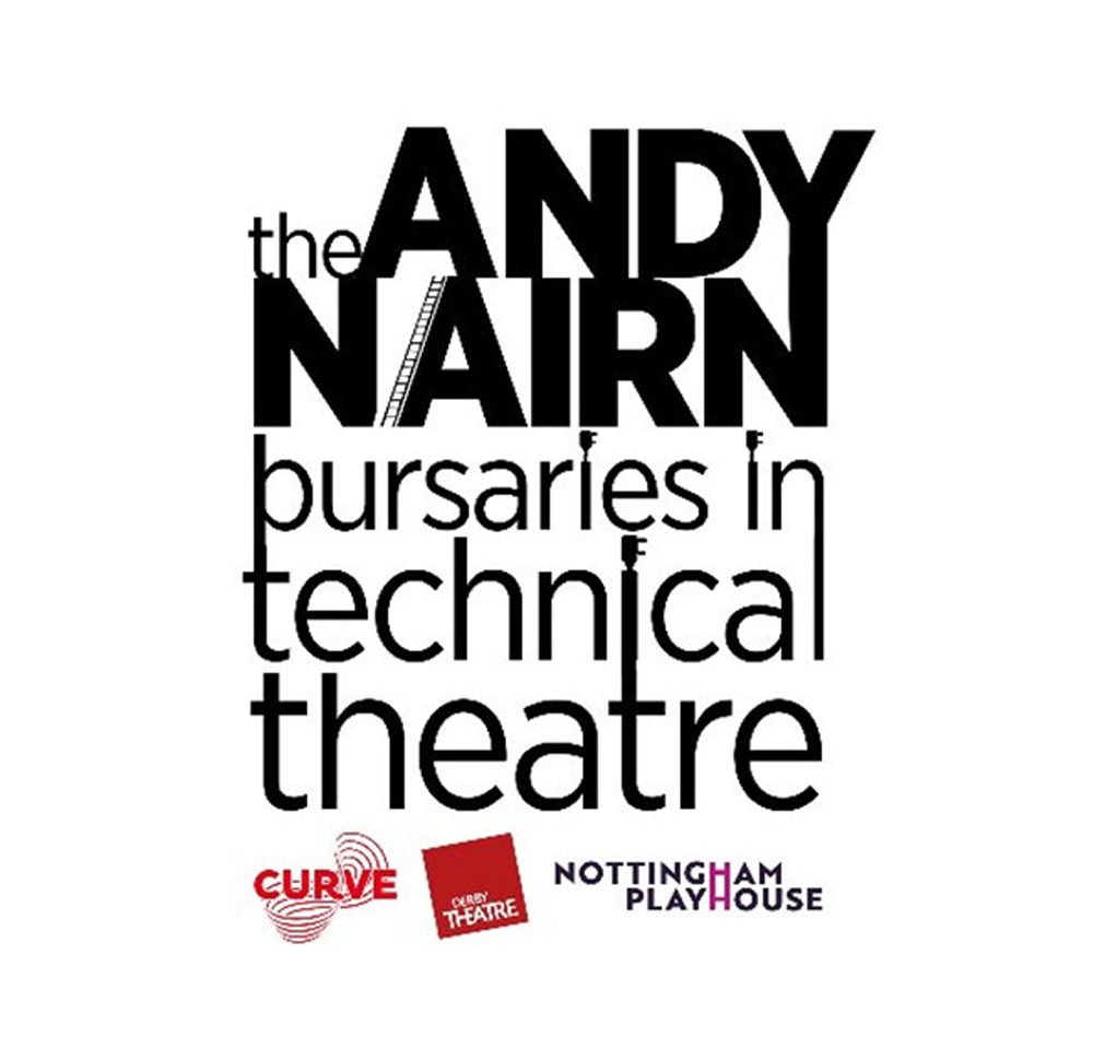 The title treatment for the Andy Nairn bursaries Technical Theatre. It is accompanied by the Leicester Curve, Derby Theatre and Nottingham Playhouse logos.